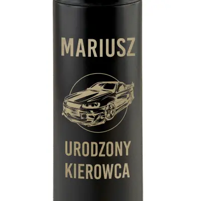 czarny termos urodzony kierowca z imieniem i grawerowanym wozem